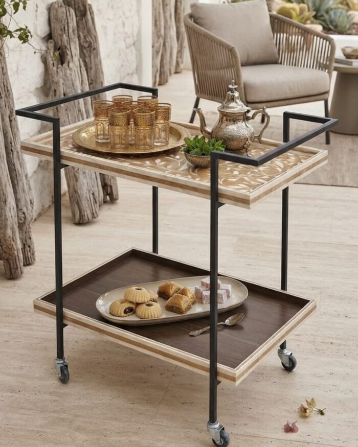 Handmade Mother of Pearl  Flora and Birds Two-Tier Serving Trolly - Image 1