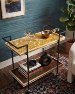 Handmade Mother of Pearl  Flora and Birds Two-Tier Serving Trolly - Image 3