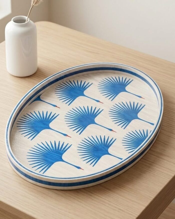 Handmade Azure Fan Crane Oval Lacquer Tray - Image 2