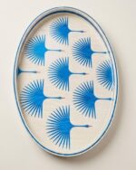 Handmade Azure Fan Crane Oval Lacquer Tray