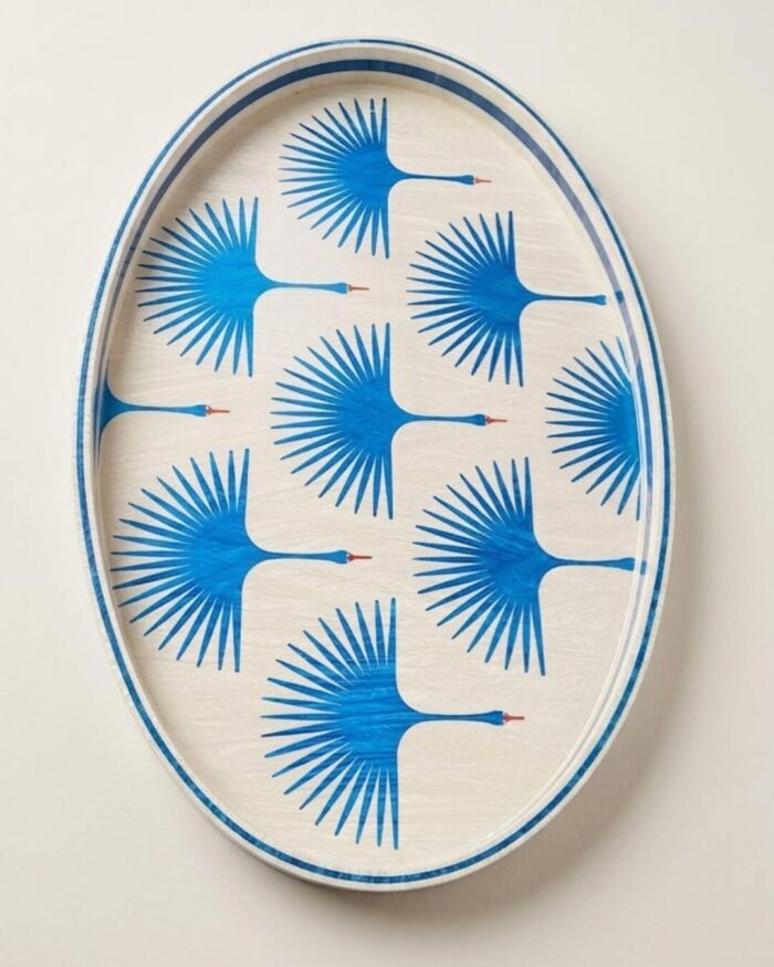 Handmade Azure Fan Crane Oval Lacquer Tray - Image 1