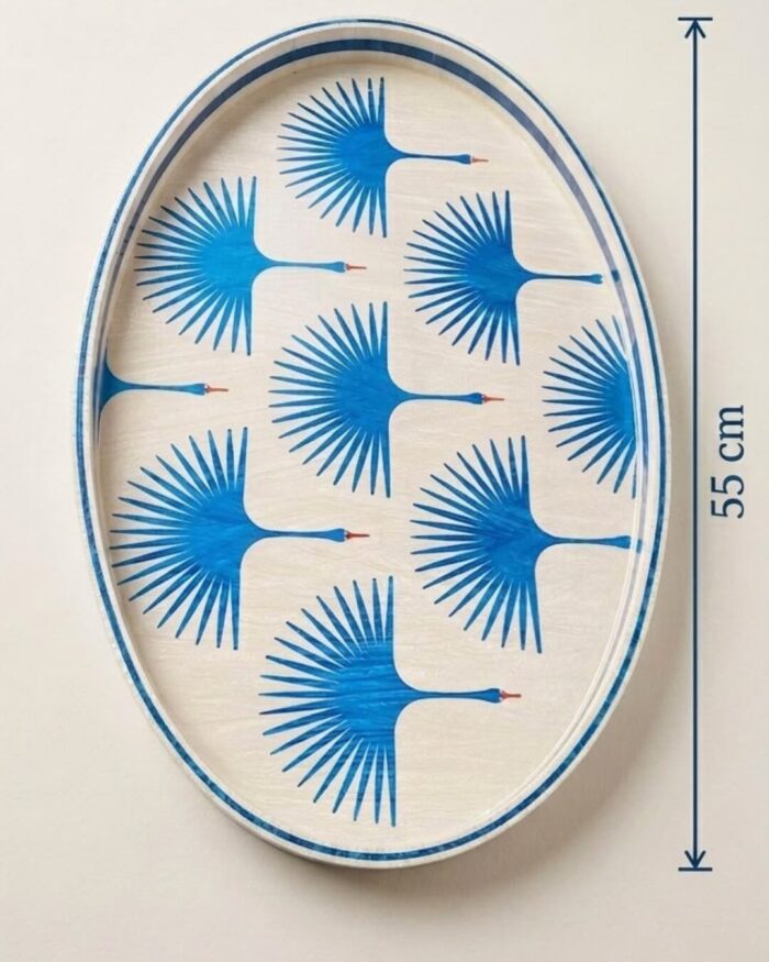 Handmade Azure Fan Crane Oval Lacquer Tray - Image 3