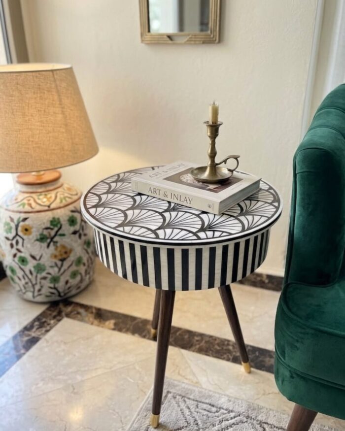 The Fan and Stripe Monochrome Bone Inlay Table - Image 2