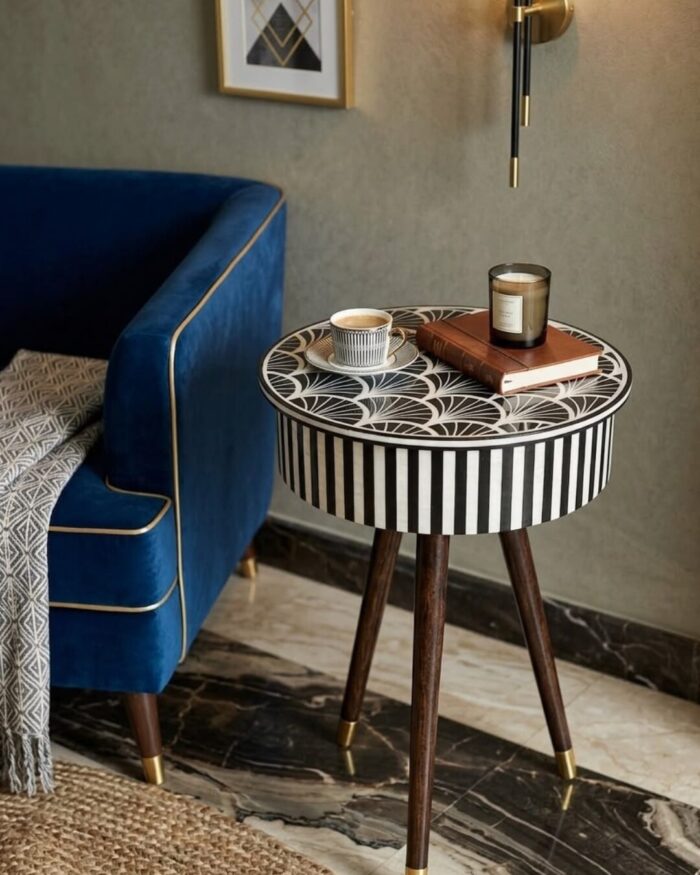 Art Monochrome Inlaid Round Storage Side Table - Image 4