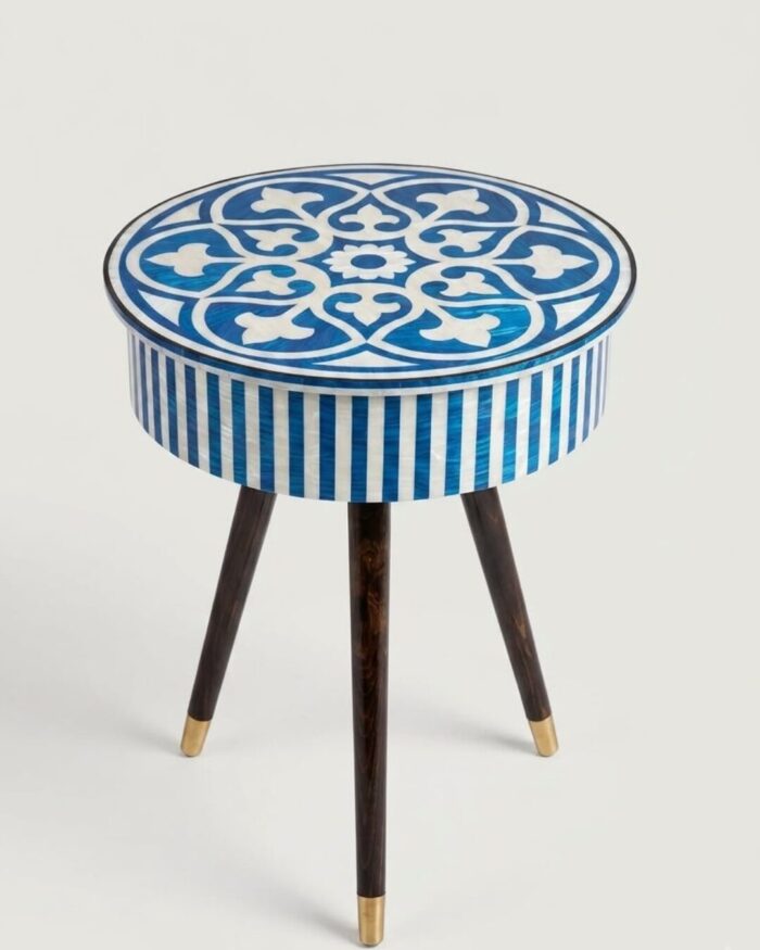 Azure Blue Bone Inlay Round Box Table - Image 1