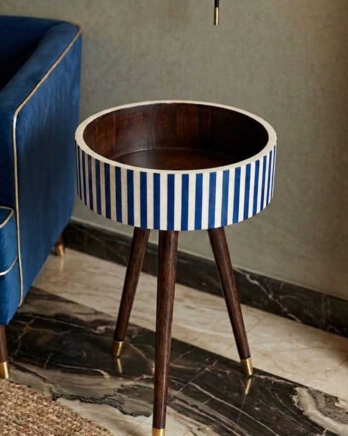 Azure Blue Bone Inlay Round Box Table - Image 5