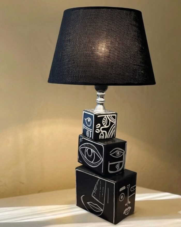 Hand-Painted Visage Sculptural Wooden Table Lamp - Image 2