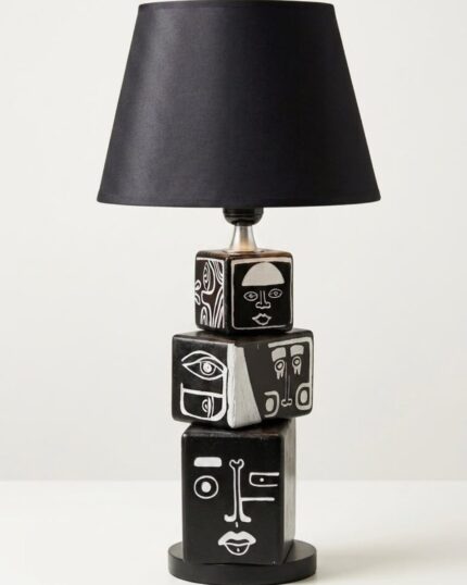Hand-Painted Visage Sculptural Wooden Table Lamp