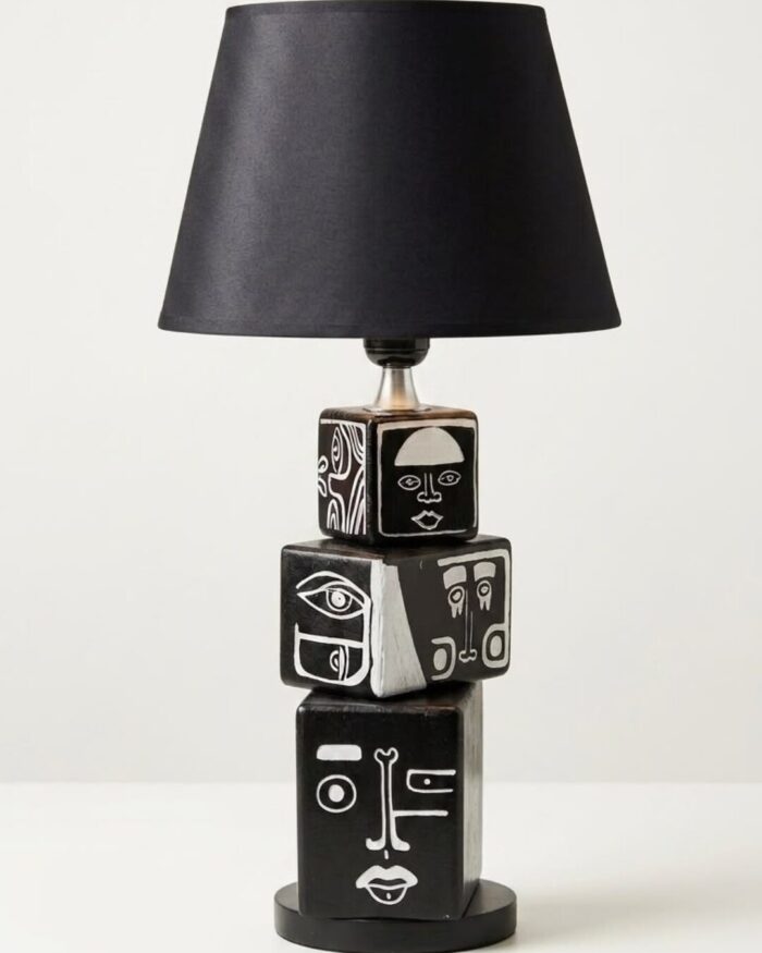 Hand-Painted Visage Sculptural Wooden Table Lamp - Image 1