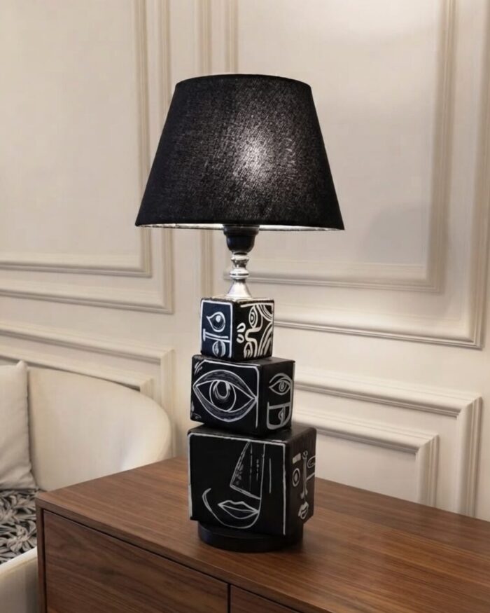 Hand-Painted Visage Sculptural Wooden Table Lamp - Image 4