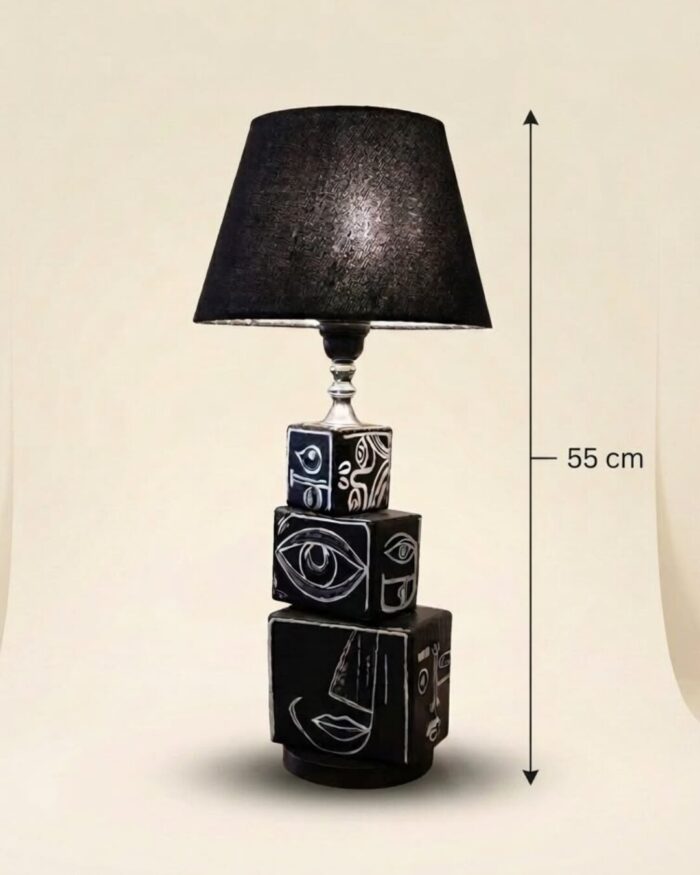 Hand-Painted Visage Sculptural Wooden Table Lamp - Image 3