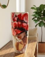 Hand-Painted Crimson Bloom Textured Portrait Pottery Vase - Image 2