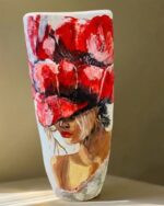 Hand-Painted Crimson Bloom Textured Portrait Pottery Vase