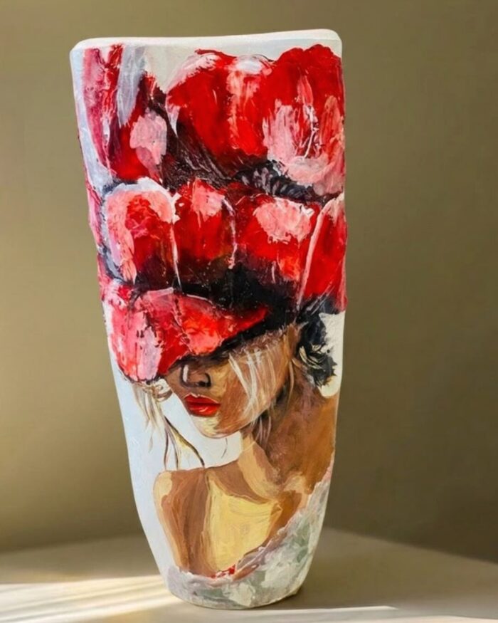 Hand-Painted Crimson Bloom Textured Portrait Pottery Vase - Image 1