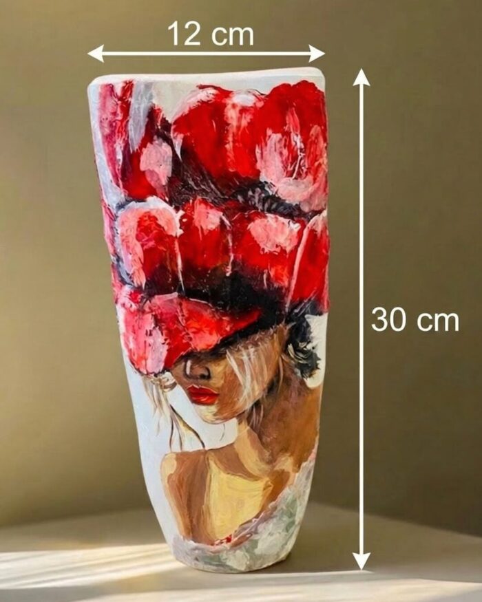 Hand-Painted Crimson Bloom Textured Portrait Pottery Vase - Image 4