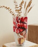 Hand-Painted Crimson Bloom Textured Portrait Pottery Vase - Image 3