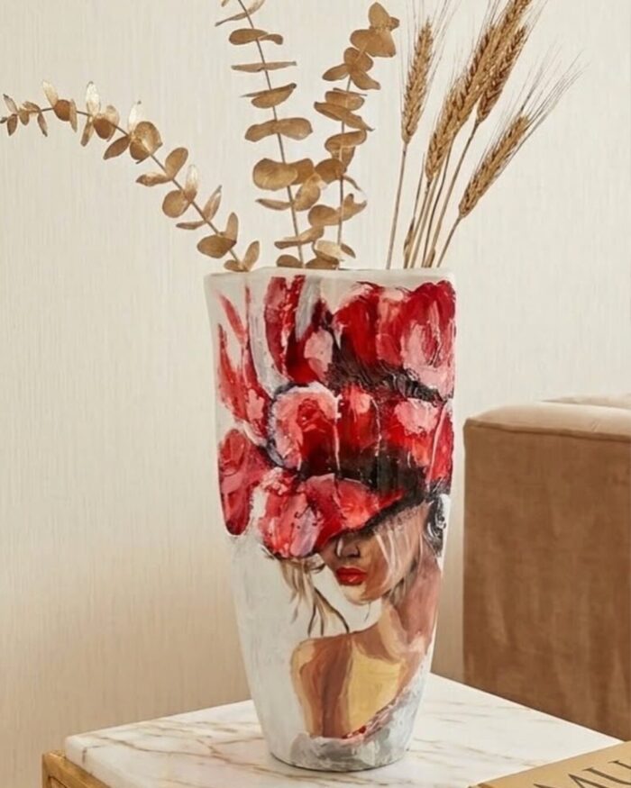Hand-Painted Crimson Bloom Textured Portrait Pottery Vase - Image 3