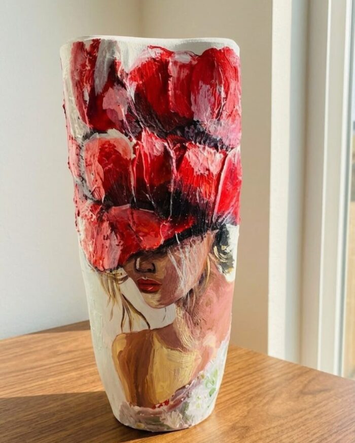 Hand-Painted Crimson Bloom Textured Portrait Pottery Vase - Image 5