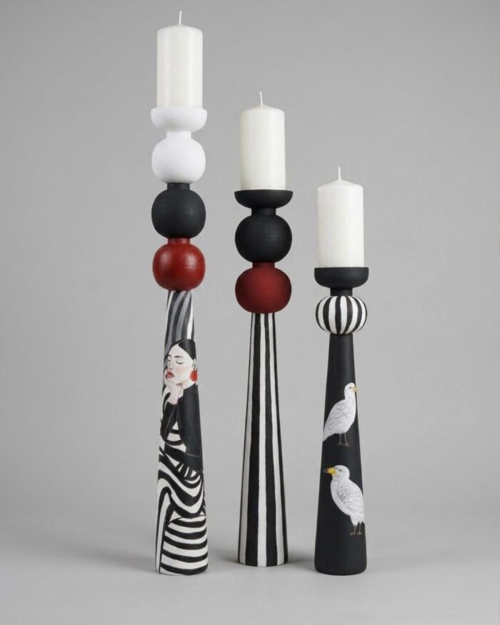 The Monochrome  Hand-Painted Wooden Candle Holders (Set of 3) - Image 1