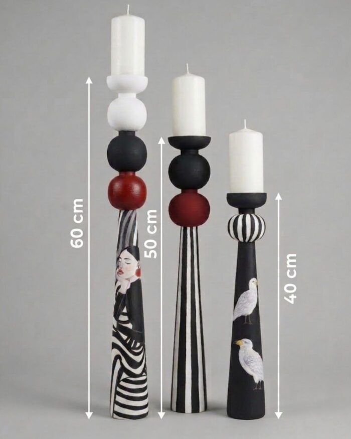The Monochrome  Hand-Painted Wooden Candle Holders (Set of 3) - Image 3