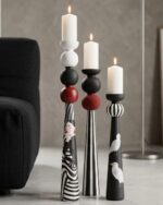 The Monochrome  Hand-Painted Wooden Candle Holders (Set of 3) - Image 2