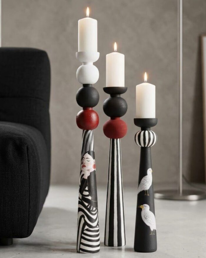 The Monochrome  Hand-Painted Wooden Candle Holders (Set of 3) - Image 2