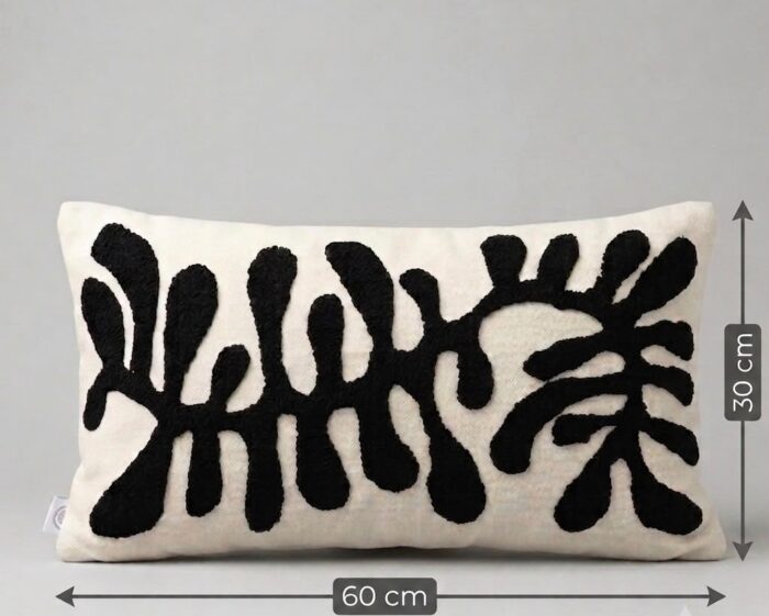 Handmade Black & Cream Botanical Tufted Lumbar Cushion – 60 × 30 cm - Image 2
