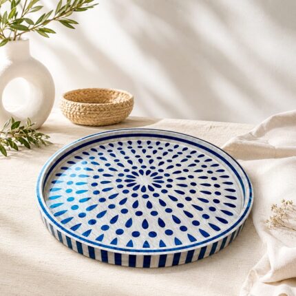 Handcrafted Blue and White Decorative Serving Tray – 45cm Round Moroccan-Inspired Patterned Tray