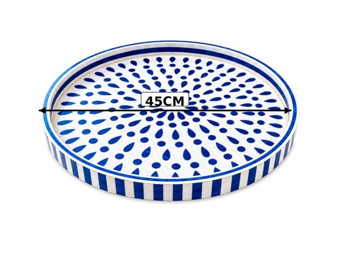 Handcrafted Blue and White Decorative Serving Tray – 45cm Round Moroccan-Inspired Patterned Tray - Image 3