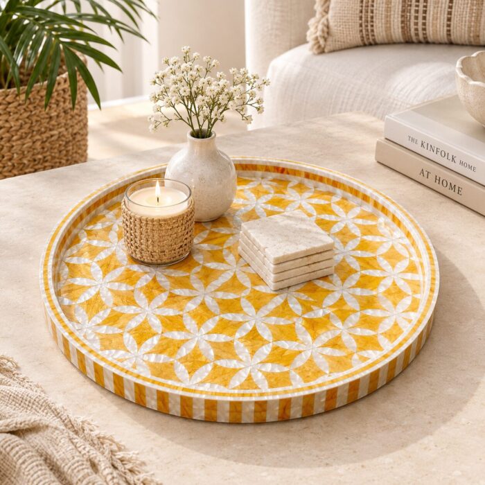 Handcrafted Golden Floral  Inlay Decorative Serving Tray - Image 2