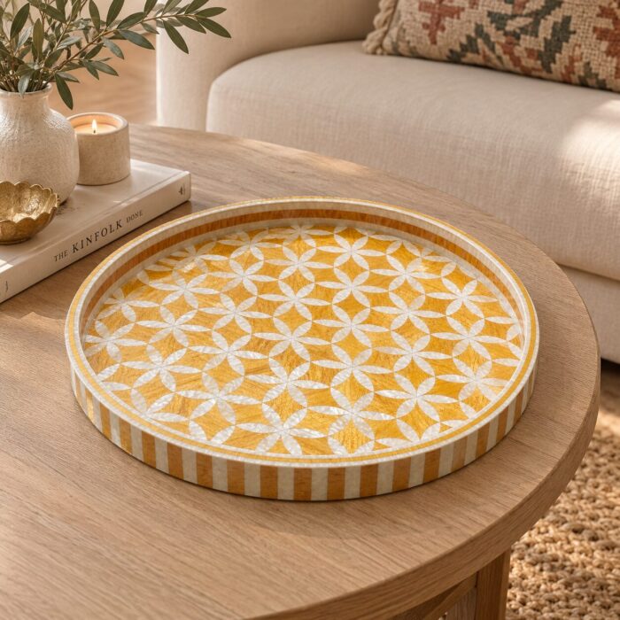 Handcrafted Golden Floral  Inlay Decorative Serving Tray - Image 3