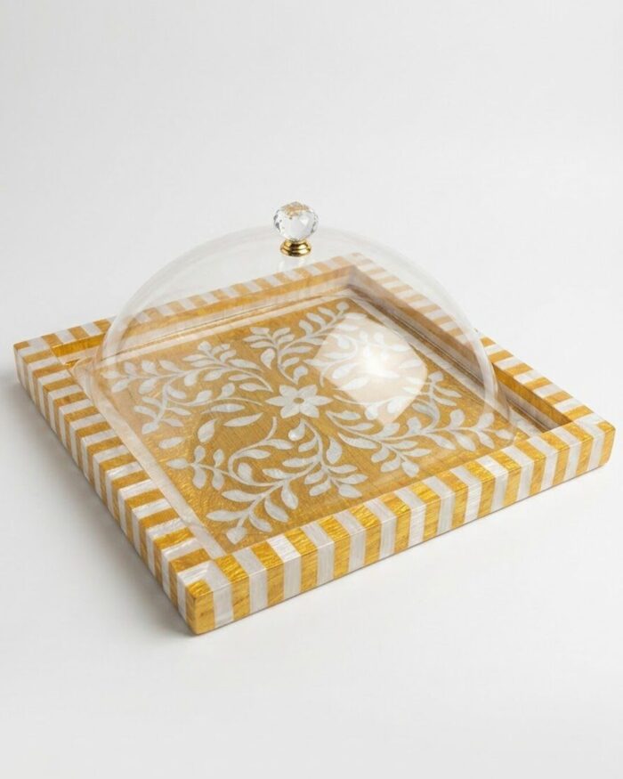 Aura Handcrafted Inlay Serving Platter with Clear Acrylic Cloche - Image 1