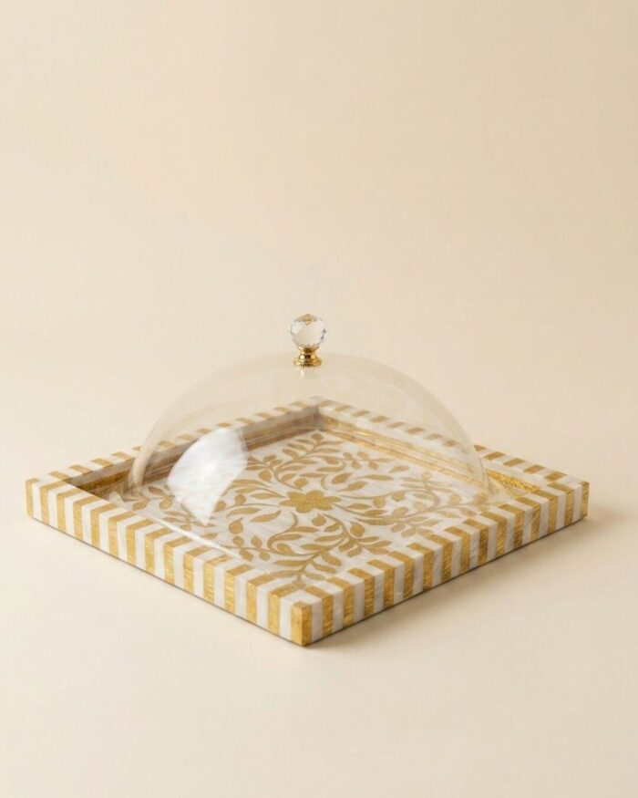 Aurelia Gold and Pearl Inly with Acrylic Cloche Platter - Image 2