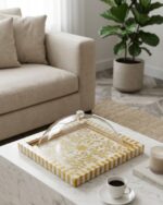 Aurelia Gold and Pearl Inly with Acrylic Cloche Platter