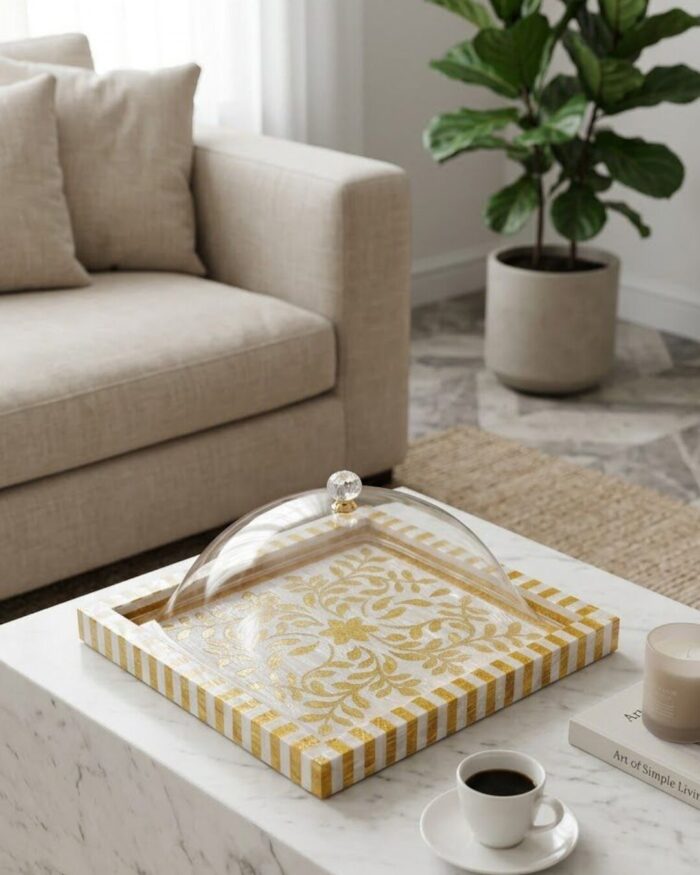Aurelia Gold and Pearl Inly with Acrylic Cloche Platter - Image 1