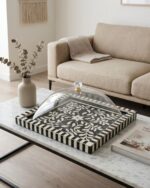 Black and White Botanical Bone Inlay Tray with Acrylic Cloche - Image 2