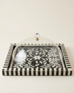 Black and White Botanical Bone Inlay Tray with Acrylic Cloche