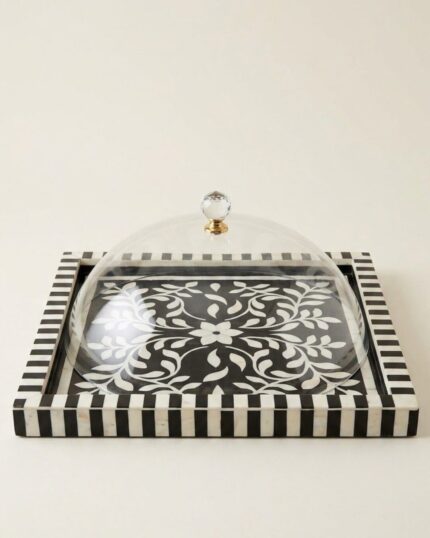 Black and White Botanical Bone Inlay Tray with Acrylic Cloche