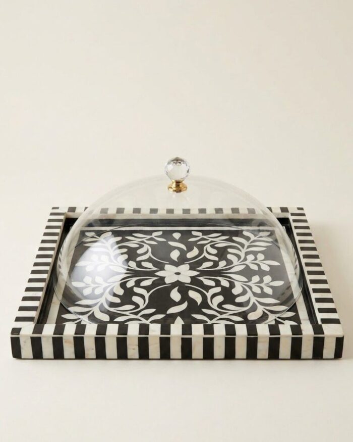 Black and White Botanical Bone Inlay Tray with Acrylic Cloche - Image 1