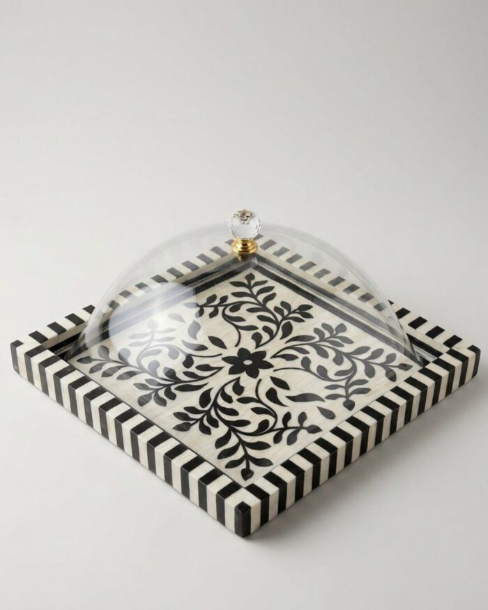 The Jardin Noir Handcrafted Inlay Tray With Acrylic Cloche - Image 1