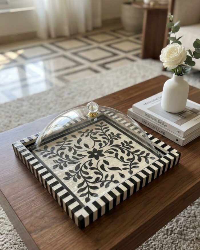 The Jardin Noir Handcrafted Inlay Tray With Acrylic Cloche - Image 2