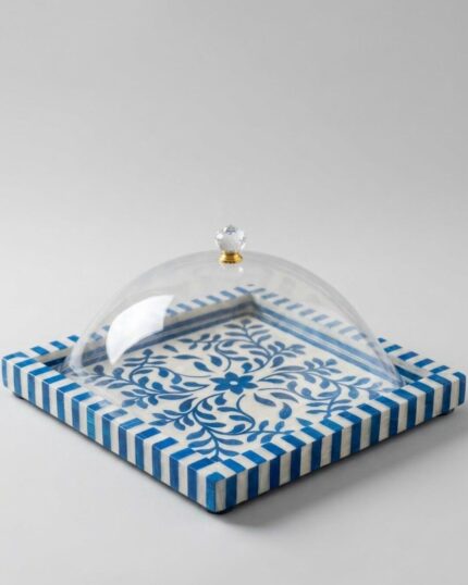 Artisanal Moroccan-Inspired Inlay Tray With Acrylic Cloche