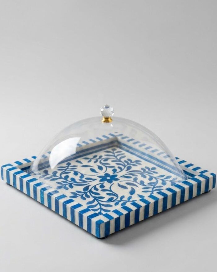 Artisanal Moroccan-Inspired Inlay Tray With Acrylic Cloche - Image 1