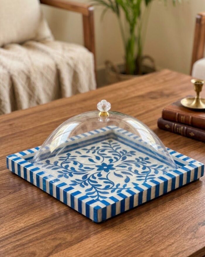 Artisanal Moroccan-Inspired Inlay Tray With Acrylic Cloche - Image 3
