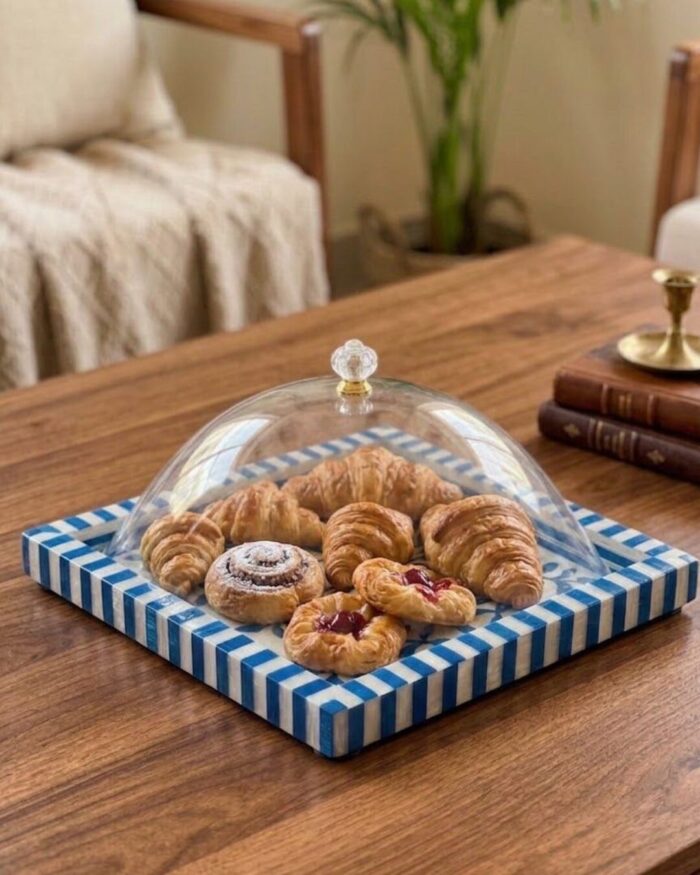 Artisanal Moroccan-Inspired Inlay Tray With Acrylic Cloche - Image 2