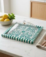 Botanical Inlay Square Serving Tray with Clear Acrylic Cloche