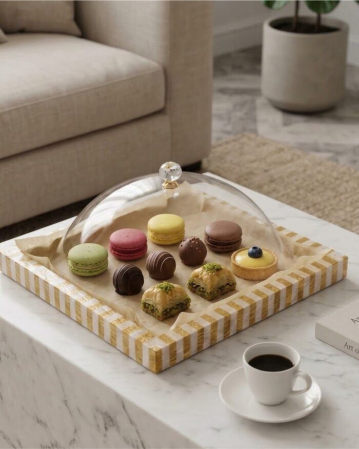 Botanical Floral Inlay Wooden Serving Tray with Acrylic Cloche for Tabletop, Gold/Ivory - Image 5