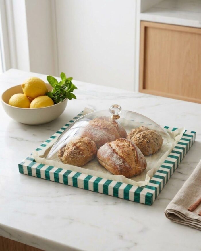 Botanical Inlay Square Serving Tray with Clear Acrylic Cloche - Image 3