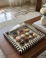 Botanical Inlay Pattern Wooden Tray with Acrylic Cloche for Tabletop, Black/White - Image 4