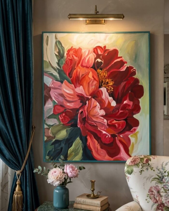 Hand Painted Crimson Bloom Large Scale Peony Canvas Wall Art - Image 2